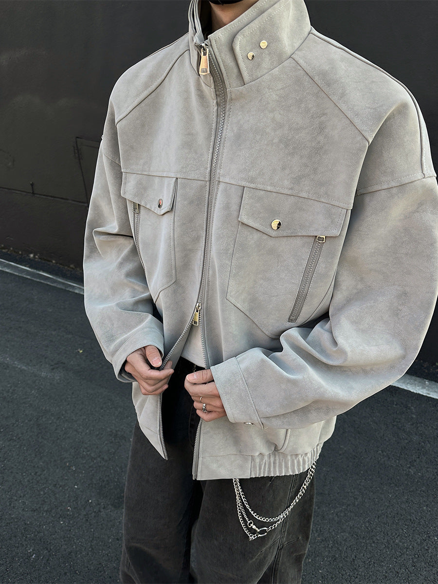 Premium PU Leather Jacket Stand Collar Workwear Style