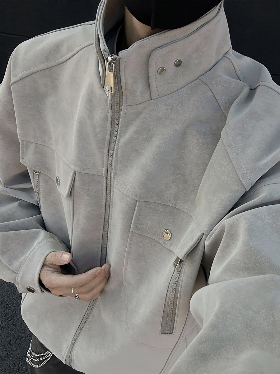 Premium PU Leather Jacket Stand Collar Workwear Style