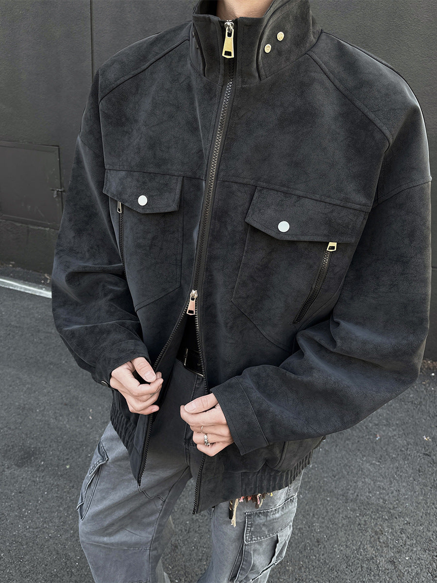 Premium PU Leather Jacket Stand Collar Workwear Style